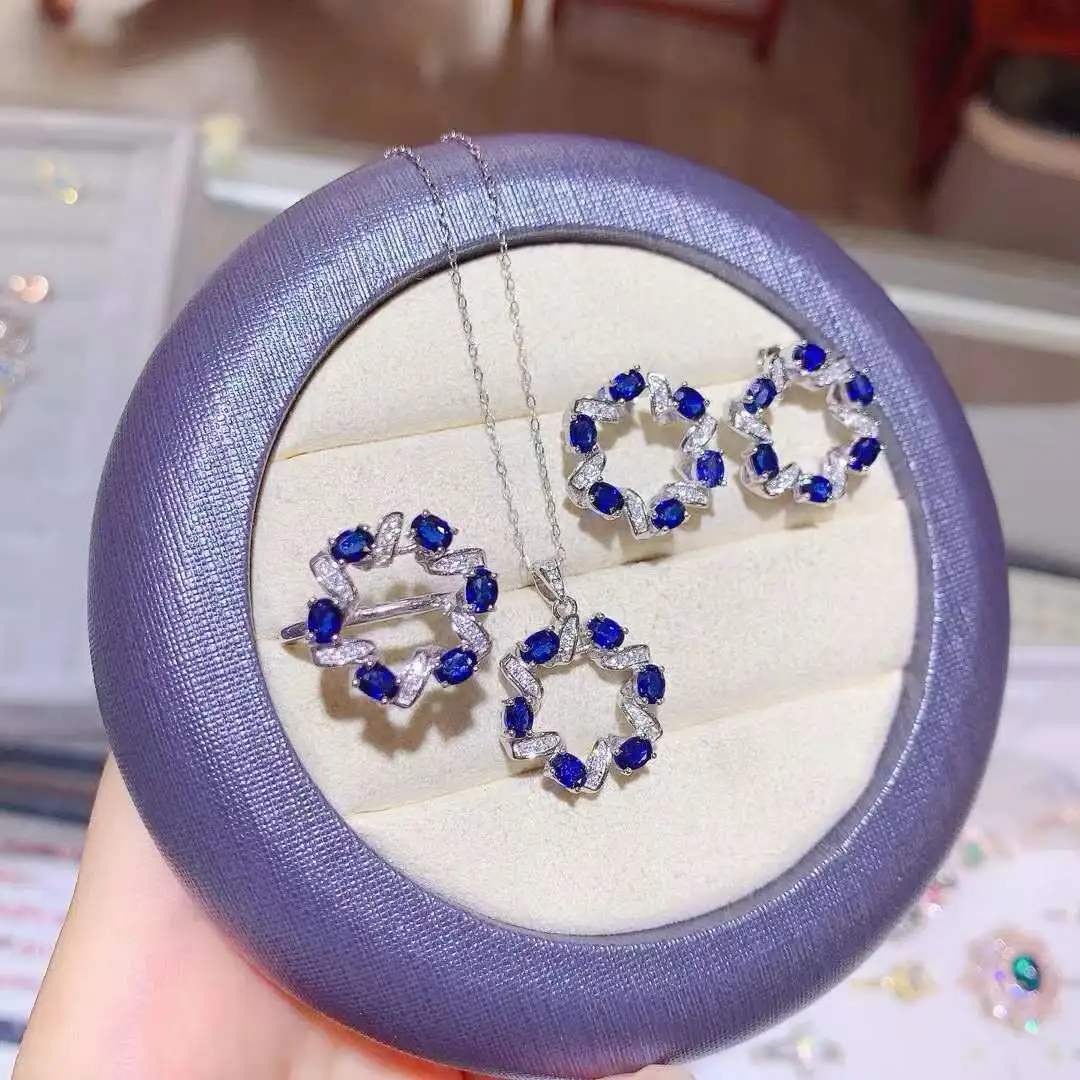 Natural Real Sapphire Set For Sale 925 Sterling Silver Trendy Women Party Jewelry 1pc ring,1pc pendant,2pcs earrings