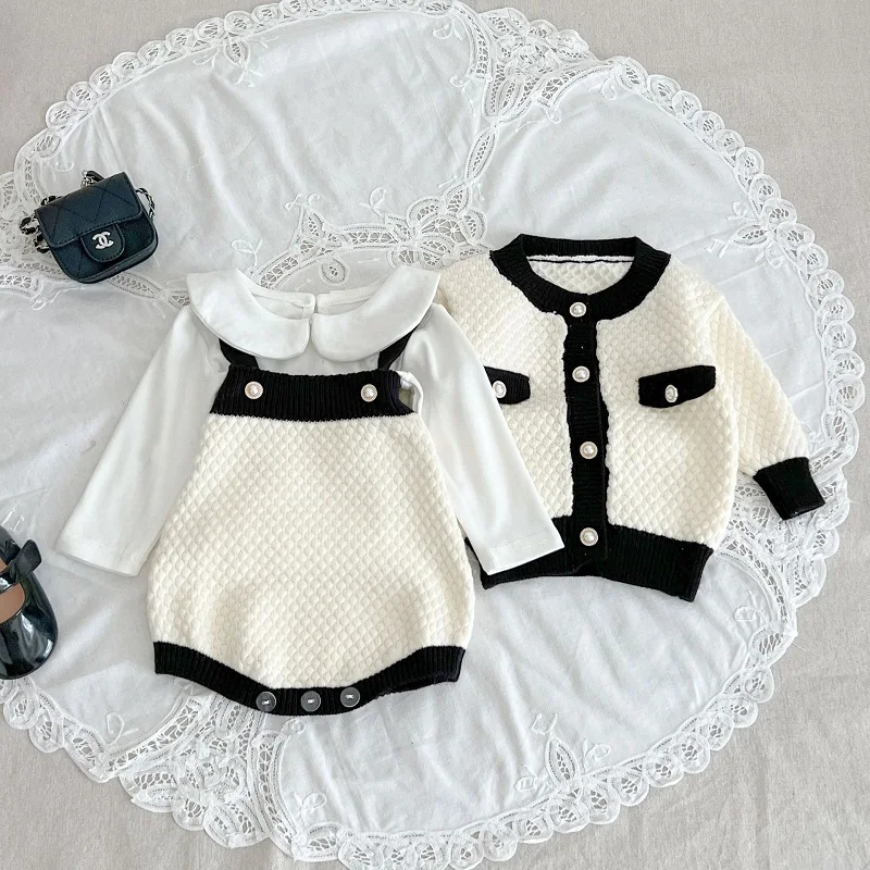 

Princess Baby Girl Clothes INS Autumn Long Sleeve Peter Pan Collar Shirt Strap Bodysuit Knitted Cardigan Coat Outwear Chic Suit