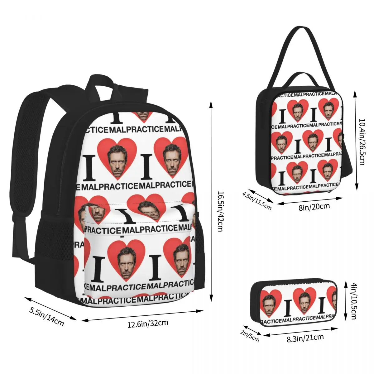 House MD Malpractice Enthusiast Merch BackpacksBookbag Students School Bags Kids Rucksack Lunch Bag Pen Bag Three-Piece Set