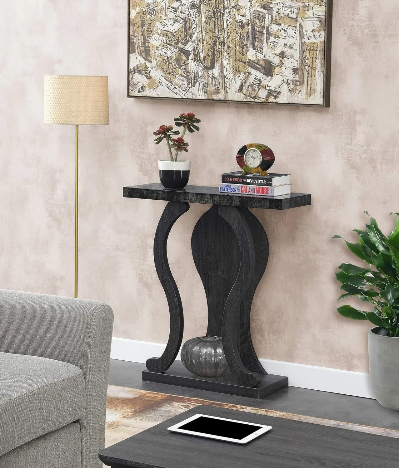 Newport Terry B Console Table With Shelf, Faux Black Marble/Weathered Gray