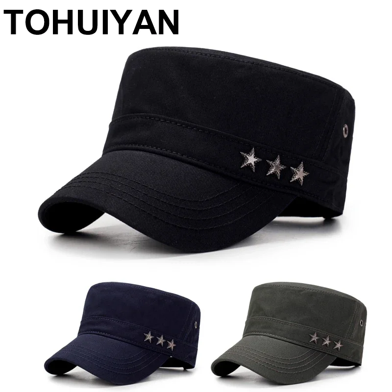 

Branded Washed Cotton Military Hat For Men Summer Autumn Casual Cadet Cap Women Flat Top Hats Classic Adjustable Bone Army Caps