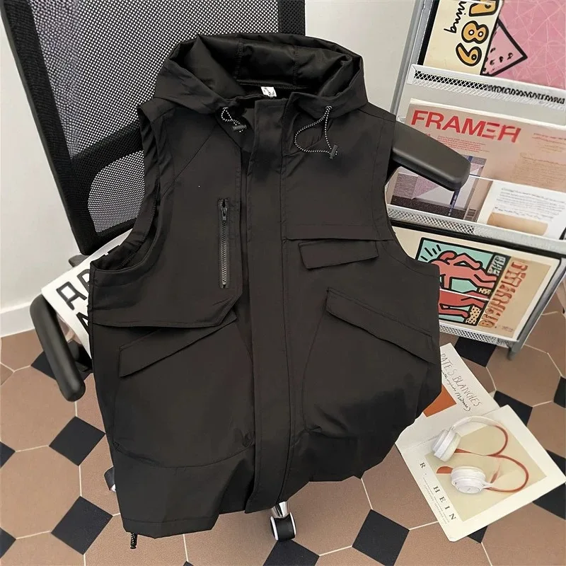 Men Trendy Streetwear Hooded Workwear Vest Summer Functional 3D Multi Pocket Casual Sleeveless Outer Jacket