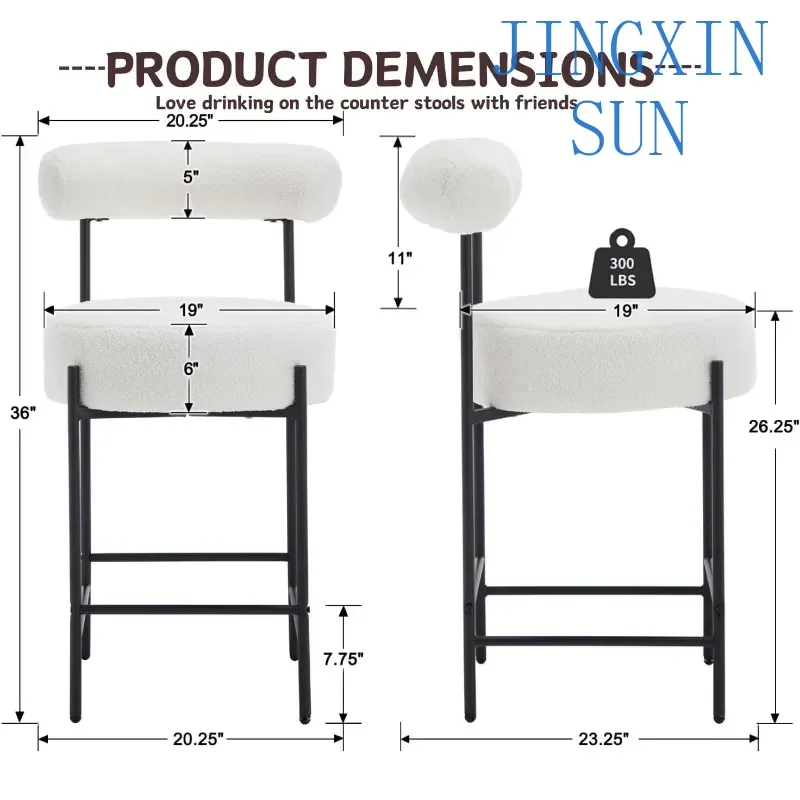 Sherpa Bar Stools Set of 2 White Boucle Bar  with  Upholstered Barstools 26'' Counter Stools with Black Metal Fashion