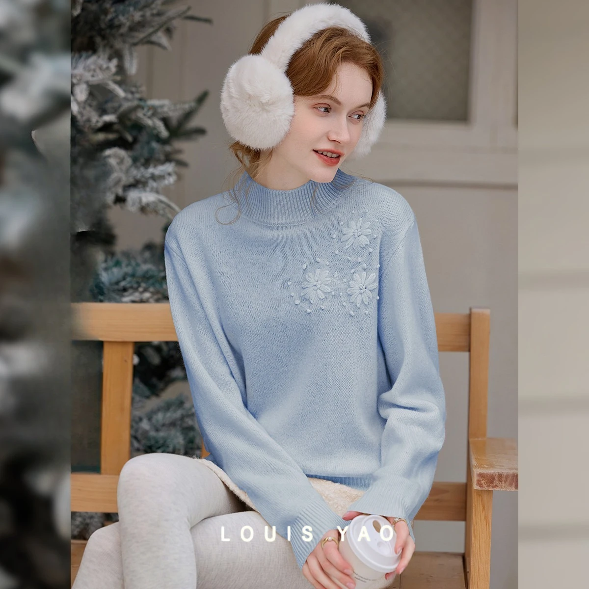 LOUIS YAO 3D Floral Embellished Sheep Wool Women's Sweaters 2025 Autumn Winter 100% Wool Knitwear Soft Sweet Knitted Sweater