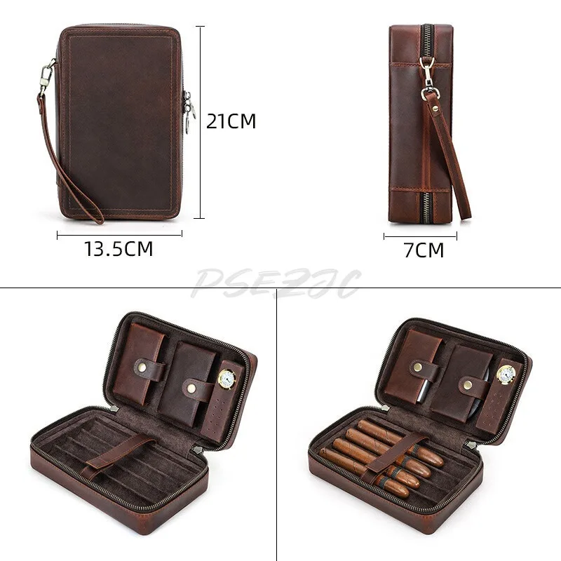 Portable cigar box with vintage leather and built-in magnetic hygrometer