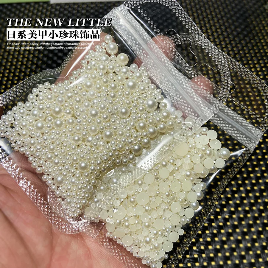 500-1000pcs/bag Pearls White Beads Nail Charms Rhinestone Half Round Mixed Size Beige Flatback Pearl For DIY Manicure Decoration