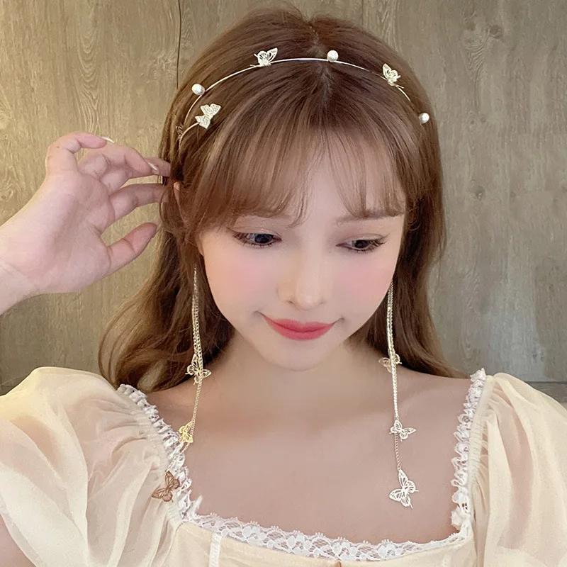 1pc Elegant Rhinestone Butterfly Headband Pearl Tassel Style Hair Hoop for Women Fairycore Minimalist Daily Wear Hair Accessory