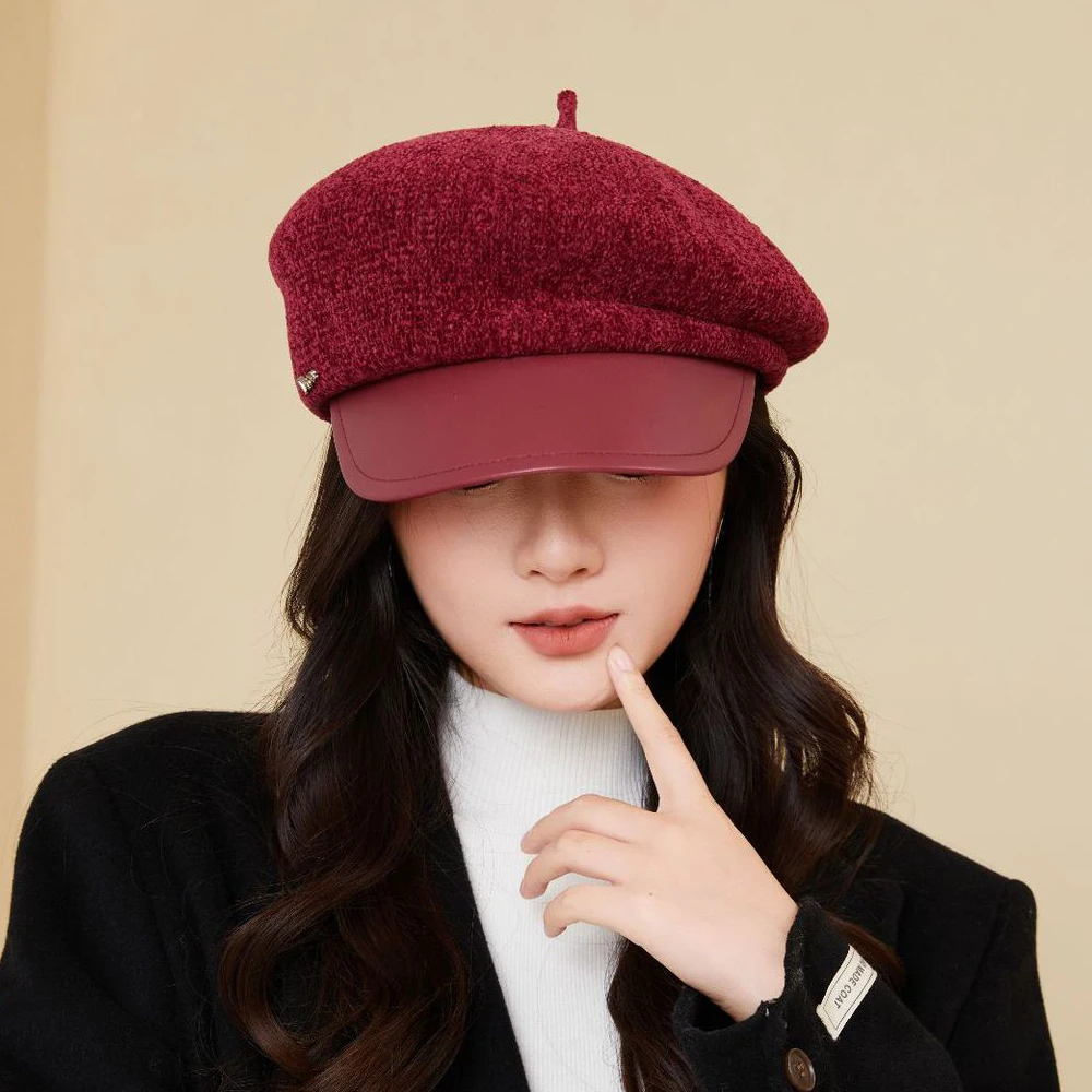 الكورية الشنيل قبعة قبعة بولي Leather الجلود حافة المرأة الخريف قبعة دافئة البريطانية الرجعية قبعة الرسام إلى الأمام القبعات Viisors قبعة القبعات