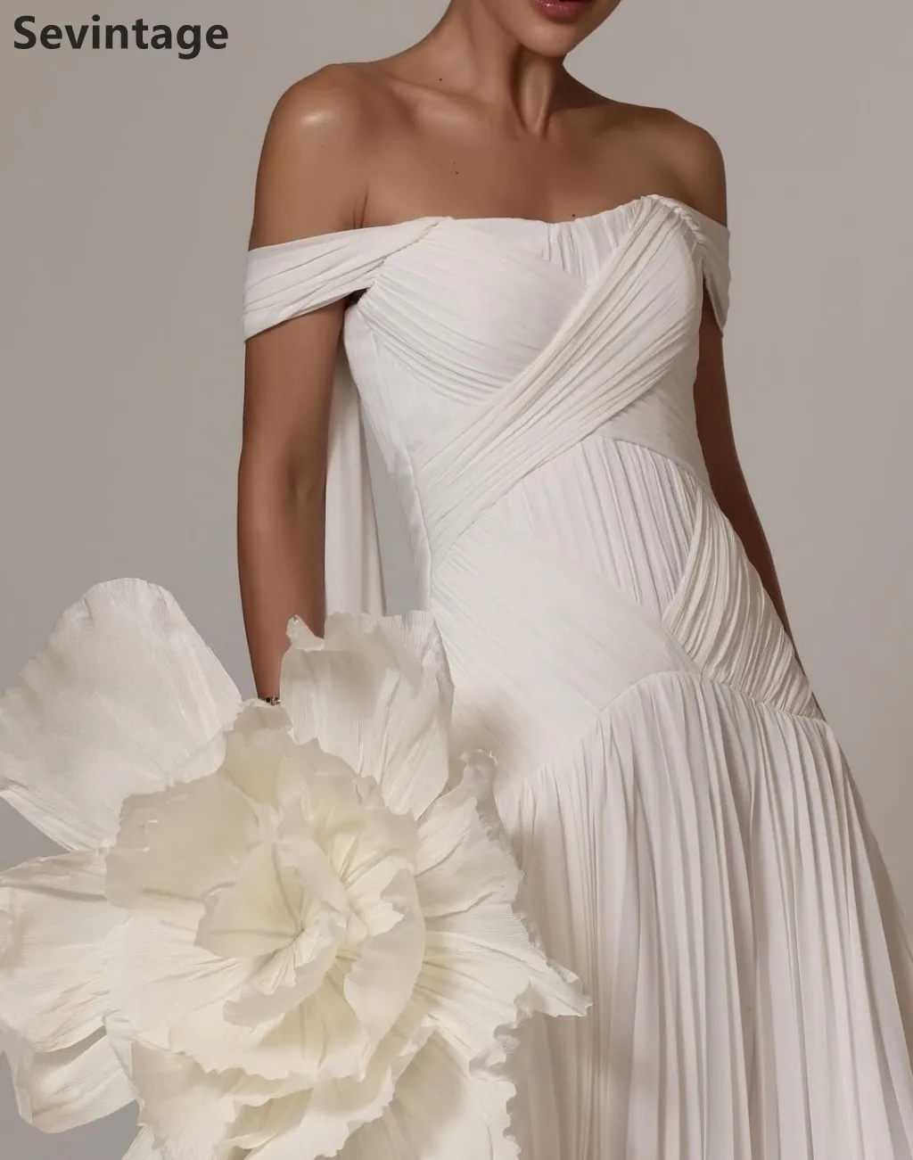 Sevintage 2026 White Off The Shoulder Pleated A Line Chiffon Maxi Evening Dress Saudi Arabic Prom Dress Dubai Gown Customizd
