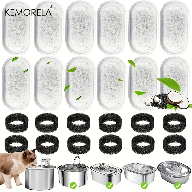 12/15PCS 고양이 물 분수 활성탄 스폰지 필터 스테인레스 스틸 워터 디스펜서 애완 동물 건강한 워터 케어 액세서리