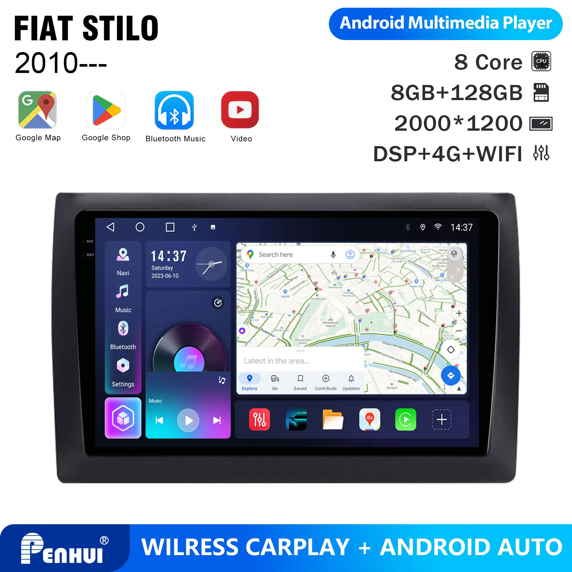 Penhui For FIAT STILO 2010--- Android Car DVD Player 2Din 9'' Touchscreen DSP Bluetooth Video Radio Multimedia System