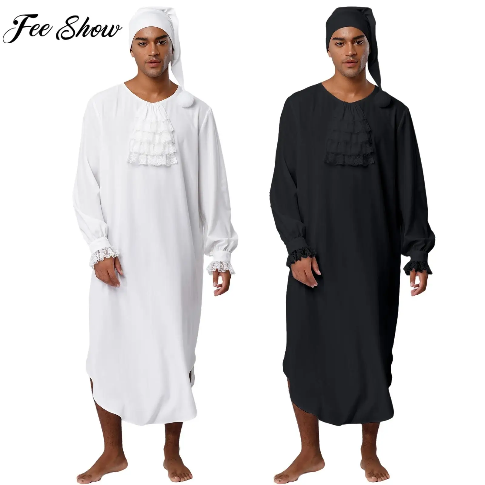 Men Victorian Style Nightgown Halloween Christmas Costume Long Sleeve Lace Trim Soft Loose Sleep Robe with Nightcap Loungewear
