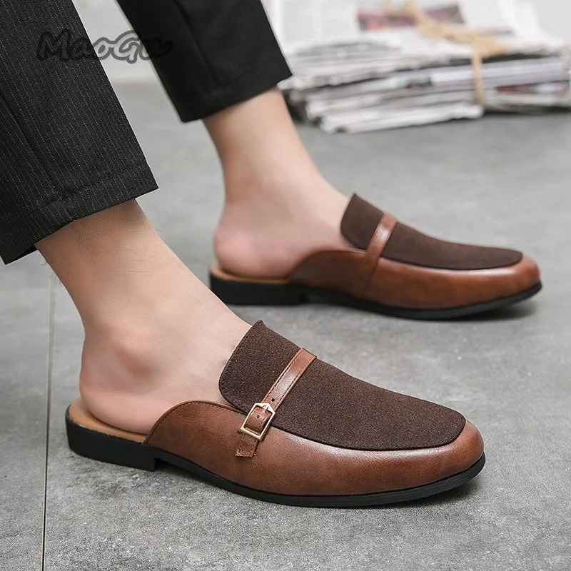 Men's Pantuflas Faux Leather & Suede Buckle Strap Backless Mule Loafers Slip-On Man Casual Dress Shoes Flat Comfortable 슬리퍼