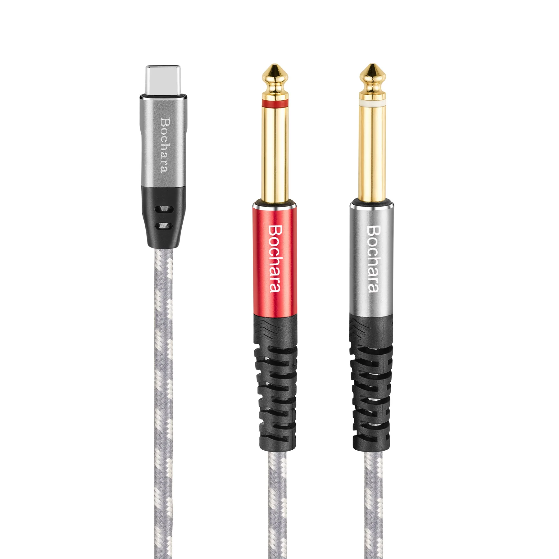 Bochara Braided Type C to Dual 6.35mm Jack OFC Audio Output Cable Built-in DAC IC Chipset 24bit@48KHz Foil+Braided Shielded