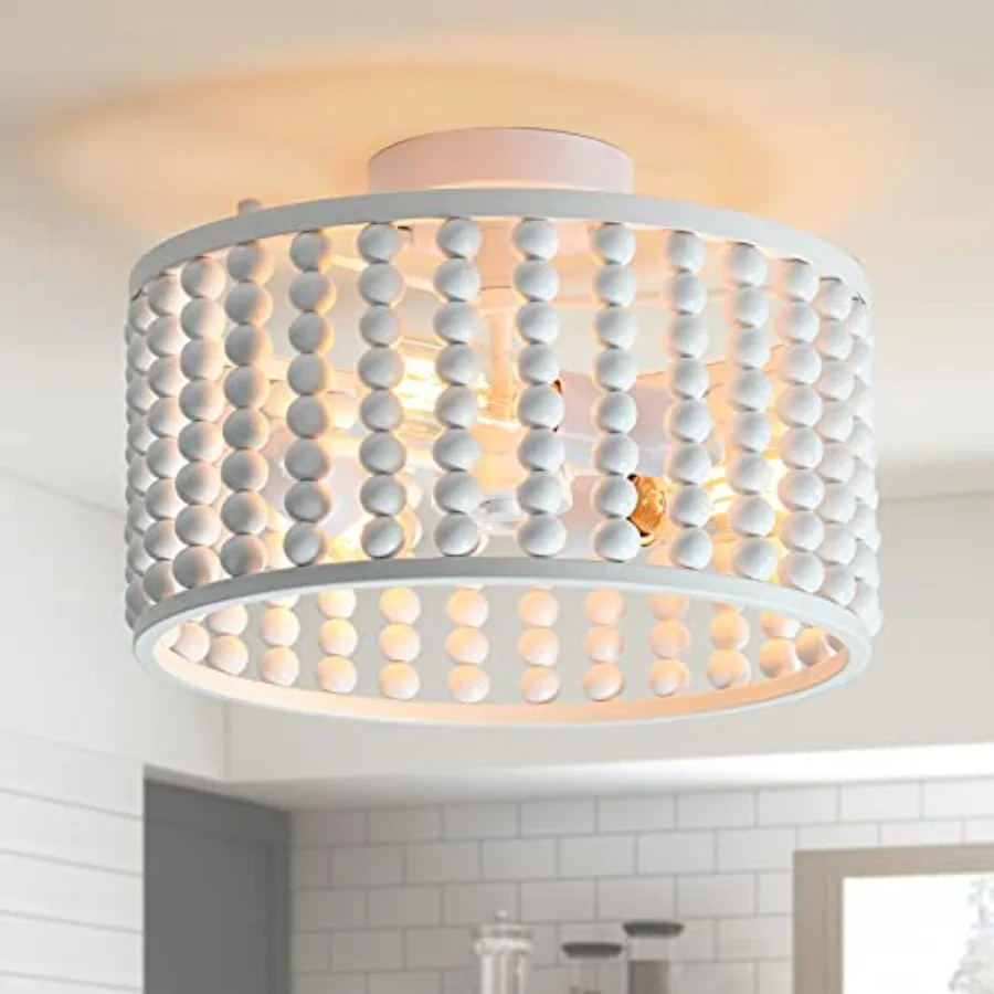 

Wood Bead Chandelier Semi Flush Mount Boho Nursery Ceiling Light Fixture 3 Lights Chandelier Farmhouse E26 for Kitchen Bedroom