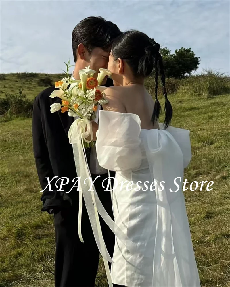 XPAY Mini abiti da sposa coreani corti senza spalline Foto personalizzate Sparare Abito a sirena Abito da sposa semplice con fiocco grande con spalle scoperte