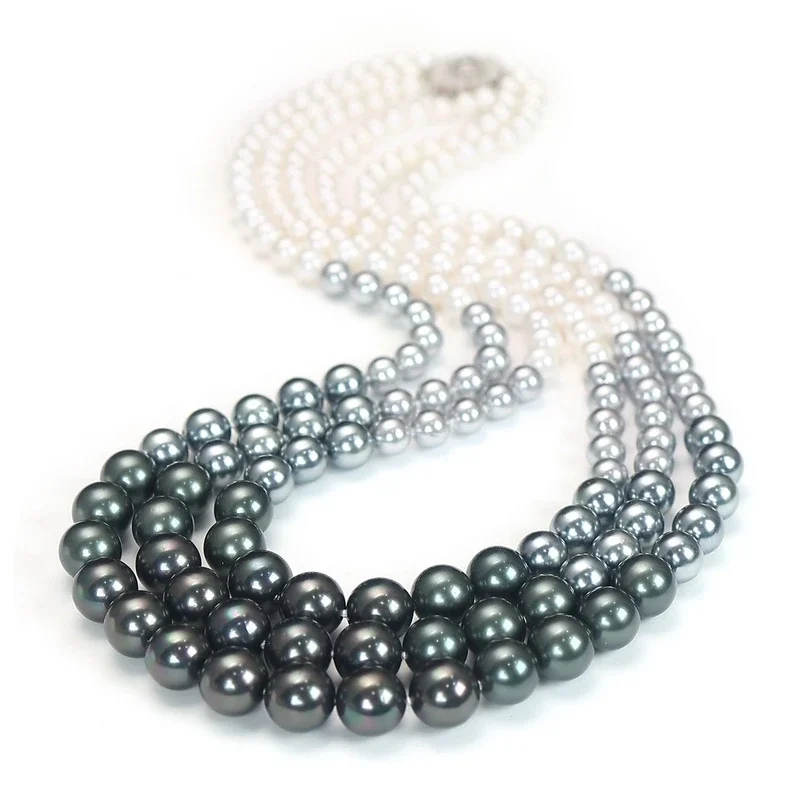Bellux Sweater Chain 925 Silver Synthetic Zircon Designer's Bamboo Smoke Wave Moon Gradient Shell Pearl Multi Layer Necklace
