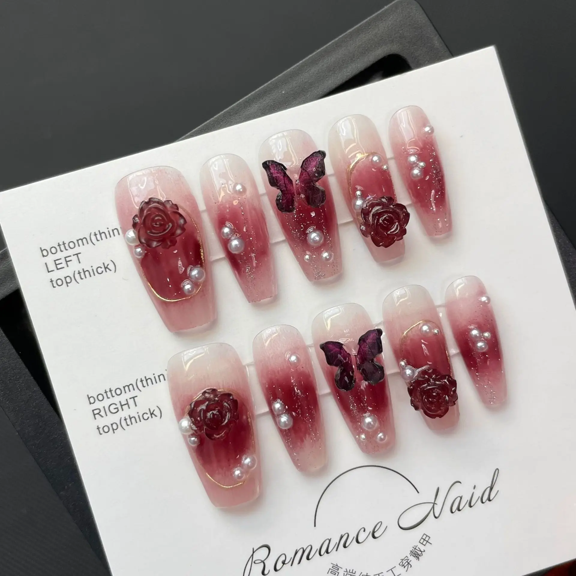 Engel Rose Handgemaakte Draagbare Nagels Pers Op Nagels Lang Ontwerp, Korte Nepnagels Amandel Franse Lijm Op Nagels Set Voor Vrouwen