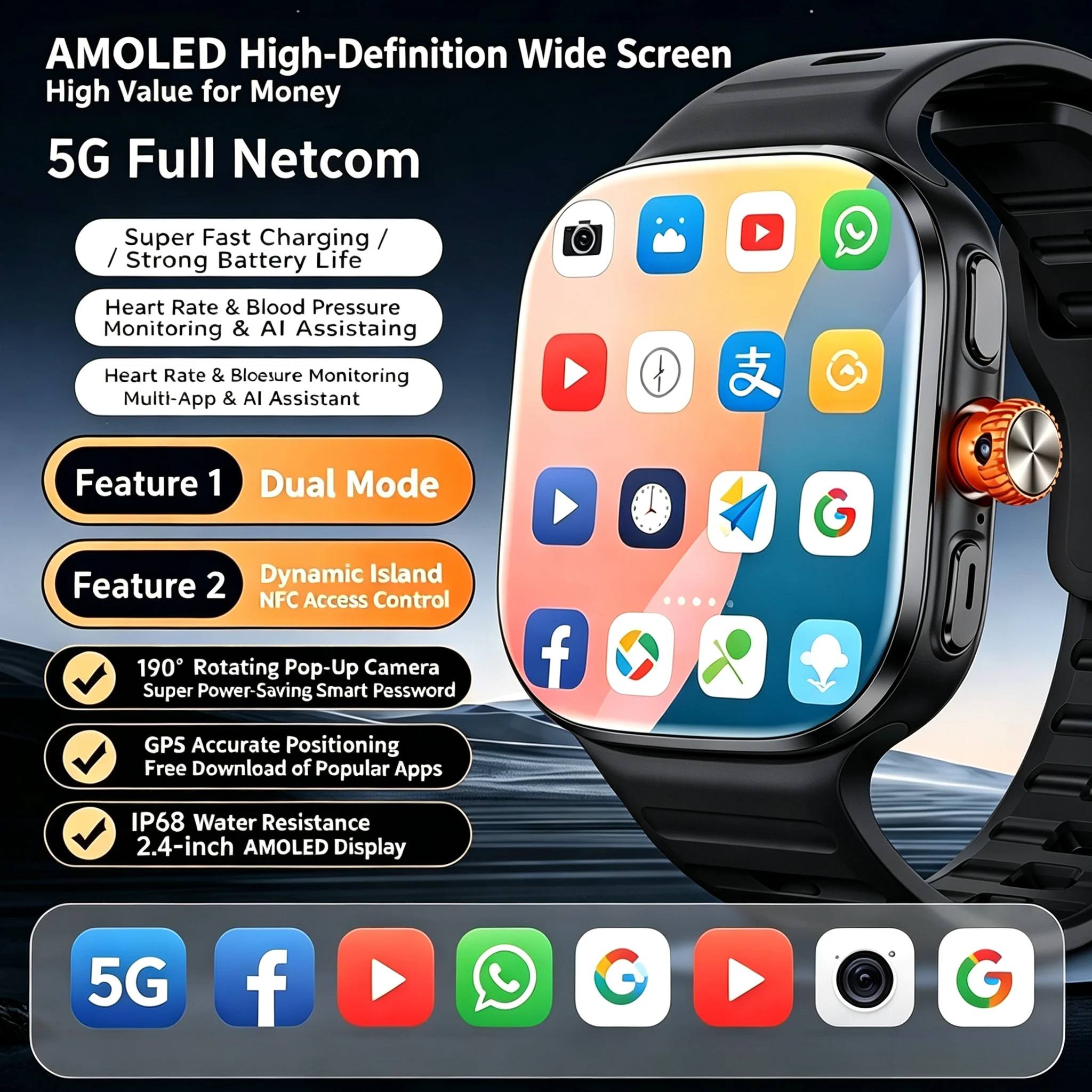 M99 4G/5G LTE Android Smartwatch 2.4inch Large Amoled Screen Camera Game Smart Watch 2100Mah Battery For Men Women Adult Student