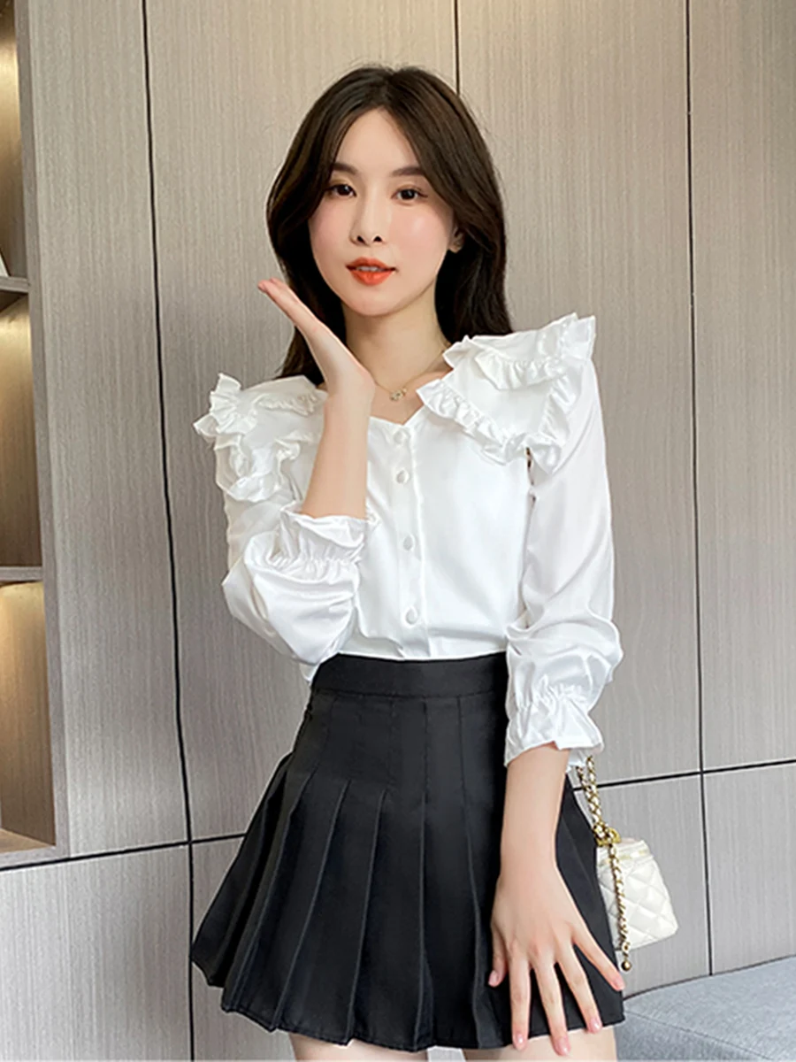 

Women Peter Pan Collar Shirts Korean Style Trendy Girl Cute Sweet Ruffles Long Sleeve Kawaii Blouse Elegant Female Clothing