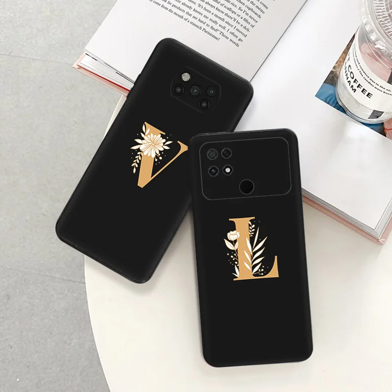 Matte Phone Case for Xiaomi Mi Poco F3 F4 F5 X3 X4 X5 M3 M4 M5 C40 C50 C51 Golden L-K-R Flower Alphabet Letters Black Soft Cover