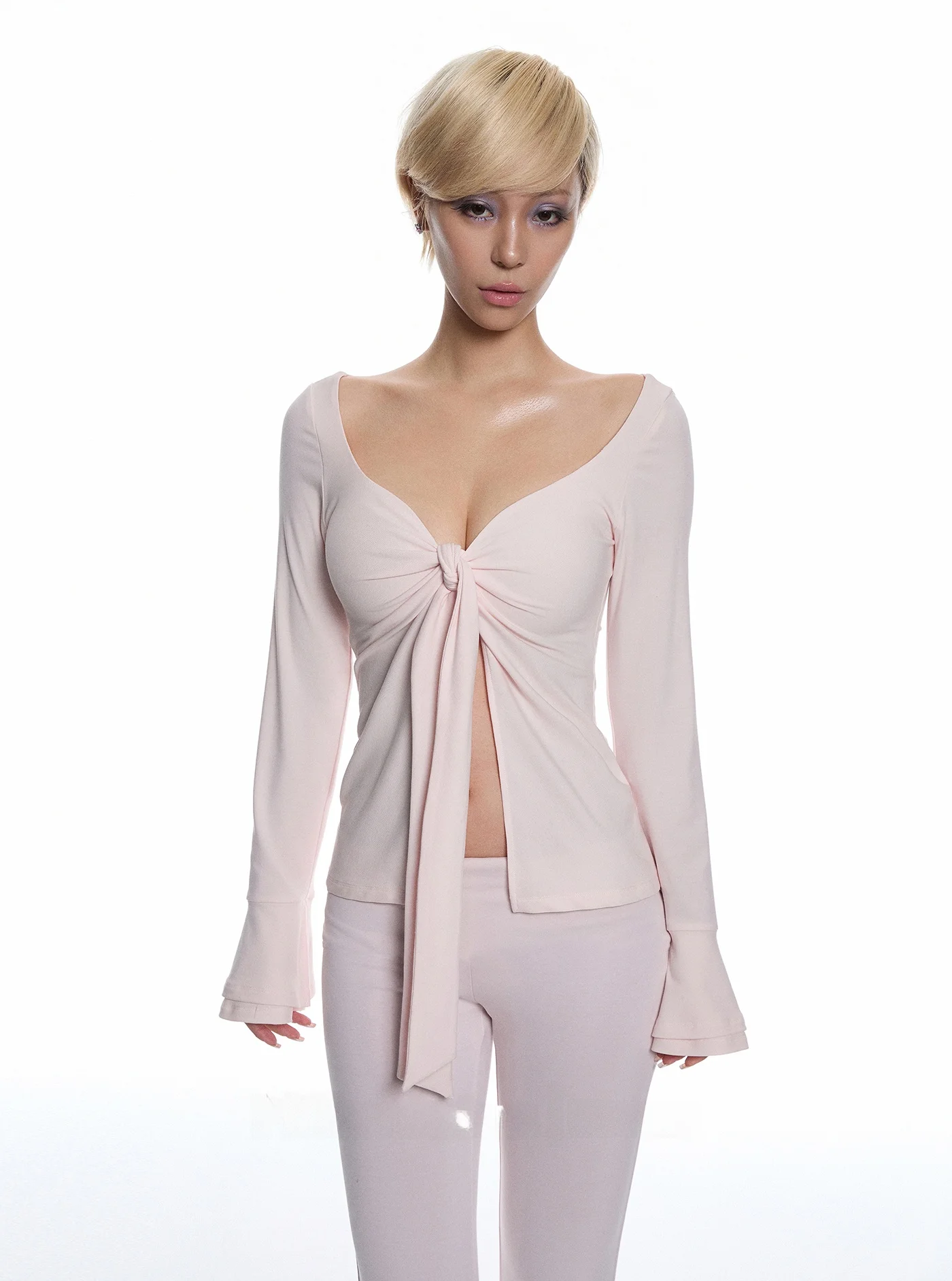 

Розовый комплект из двух предметов: топ с вырезом на животе и расклешенными рукавами, хлопковый повседневный модный костюм с длинными рукавами для женщин