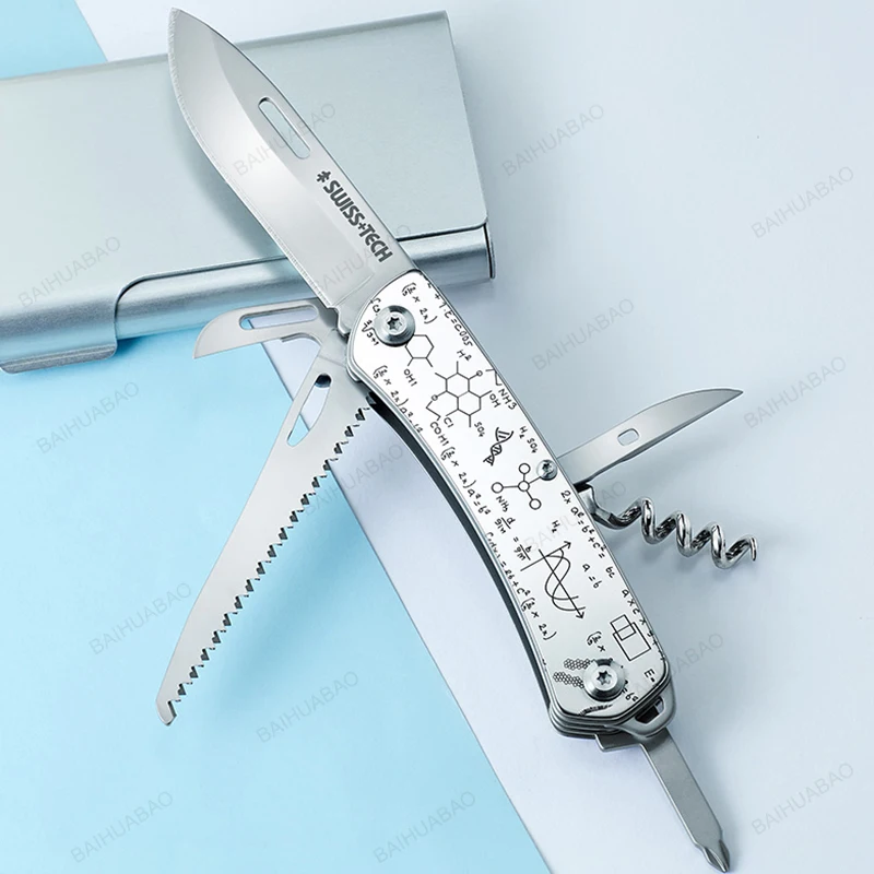 Newest SWISS TECH Mini Folding Multitool Knife 9 In 1 Outdoor Portable Pocket EDC Hand Tools Saw Bottle Wine Opener