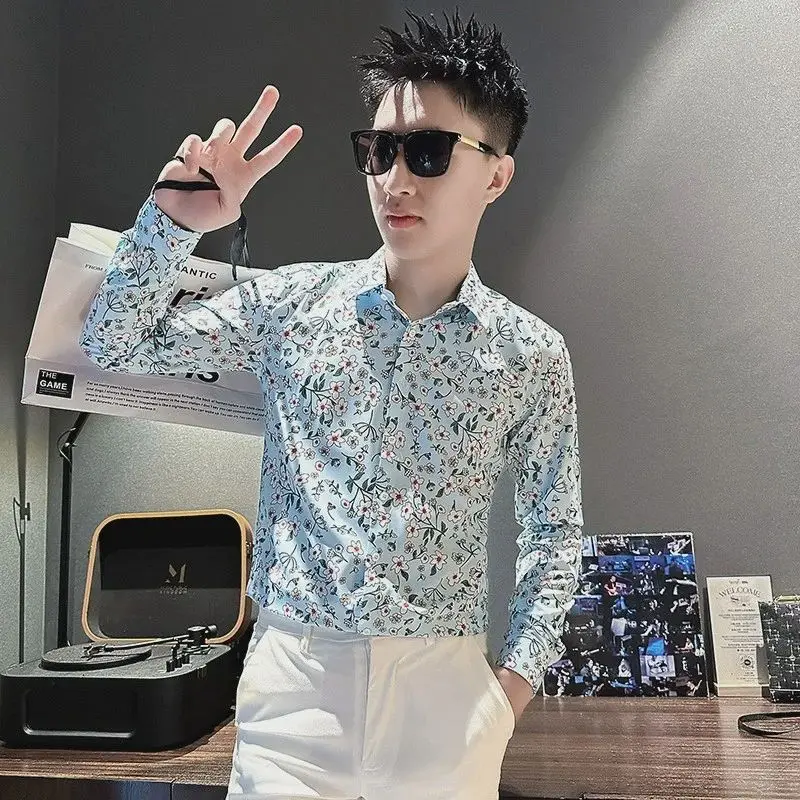 

Men's handsome shirt new floral long-sleeved fashionable Korean style high-end casual printed shirt