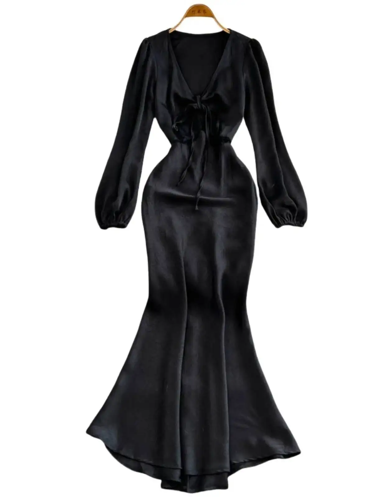 BabYoung 블랙 새틴 섹시한 v 넥 프랑스 연예인 드레스 여성 드레스 로얄 자매 스타일 긴 가운