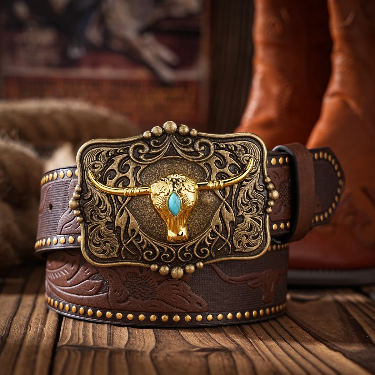 1pc Western Cowboy Style Belt - Suitable for Both Men and Women. Western Buckle PU Embossed Belt. Unique and Retro Design