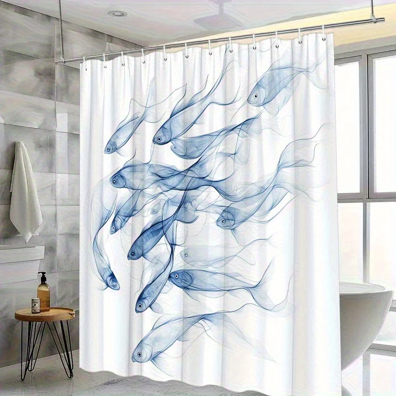 One PC Dreamy Blue Fish Shower Curtain Semi-Transparent Fluid Motion Design Spring/Summer Bathroom Curtain Digital Print