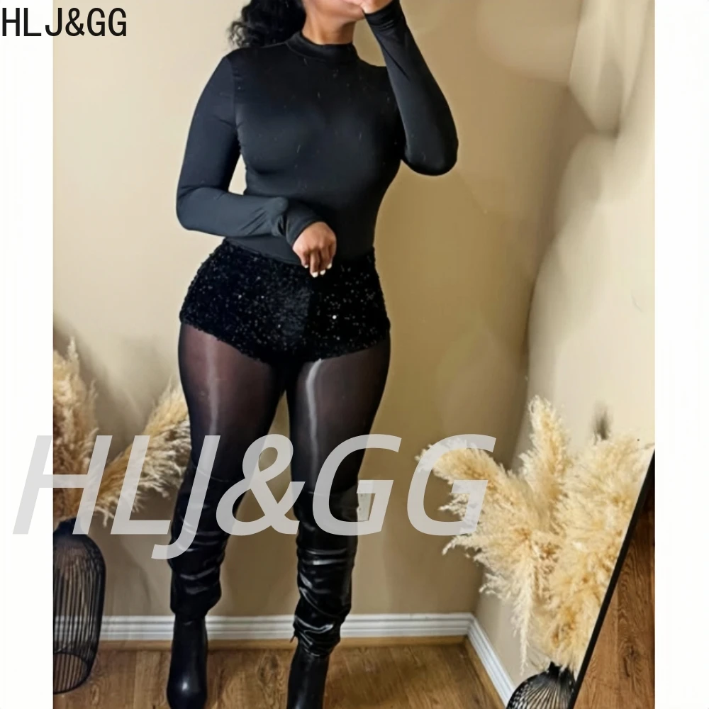 HLJ&GG Black Spring New Half High Collar Base Shirt 3 Piece Sets Women Long Sleeve Top + Sequin Shorts + Socks Outfit Streetwear