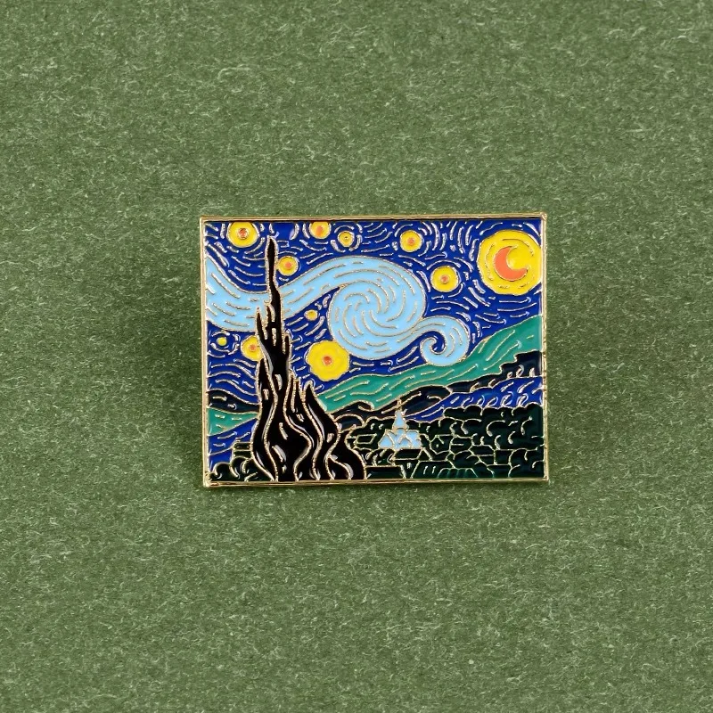 Van Gogh Oil Painting Brooch Personalized Sun Moon and Starry Sky Cartoon Creative Metal Badge Brooch Accessories