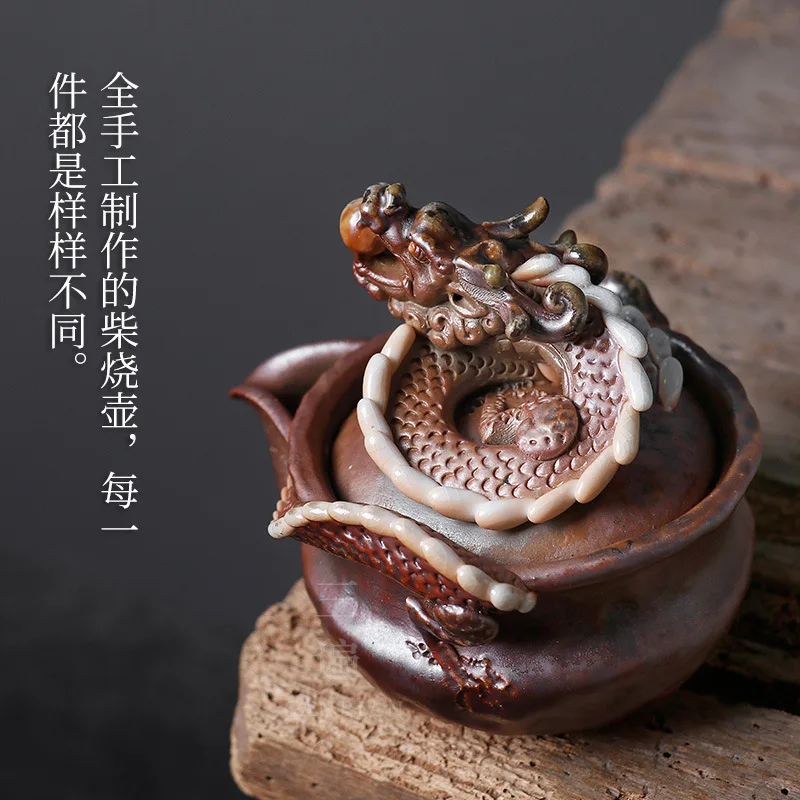 ★★【Handmade】Firewood Aquarius Pot Japanese Handmade Clay Pile Carved Tea Set Weng Village Works