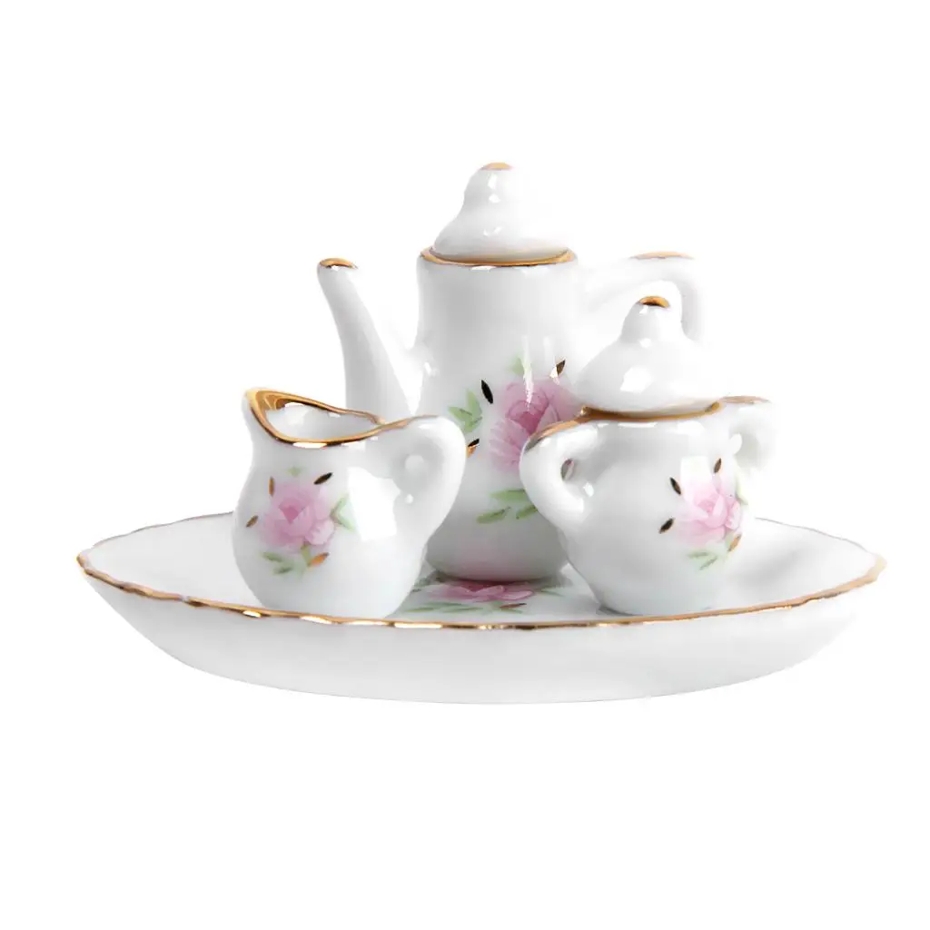 Juego de té de porcelana para casa de muñecas, artículos de comedor en miniatura, plato, taza, plato, decoración Floral para restaurante, cocina, juguetes para juego de imitación, 1/12