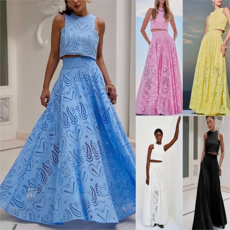 

Hollow Out Sleeveless Top Half Skirt Set Embroidered Pocket Long Skirts Casual Holiday Temperament Waist Cinching Two-Piece Set