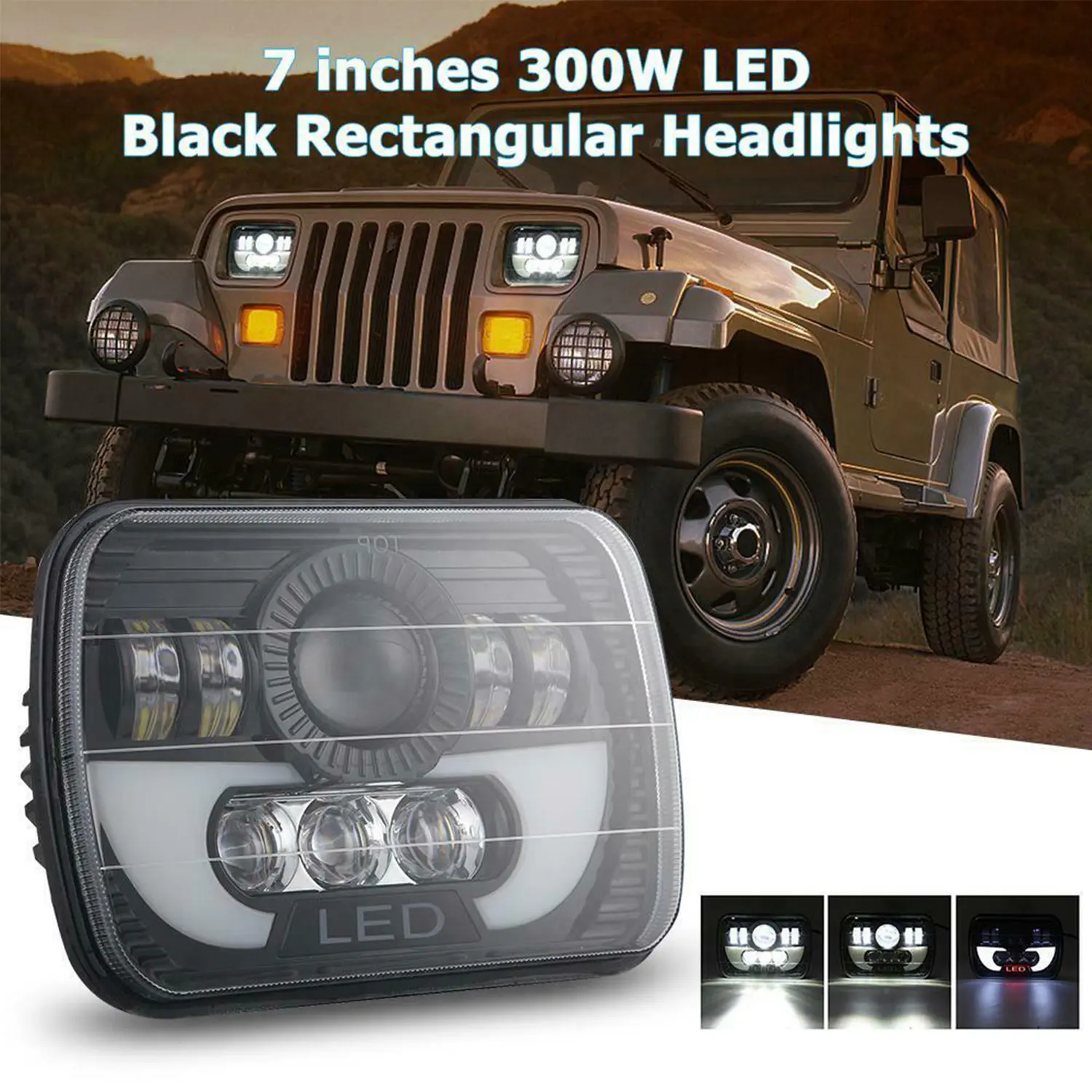 7x6 5X7 300W LED headlight with high light transmission halo DRL waterproof dustproof shockproof for 86-95 YJ 84-01 Cherokee XJ