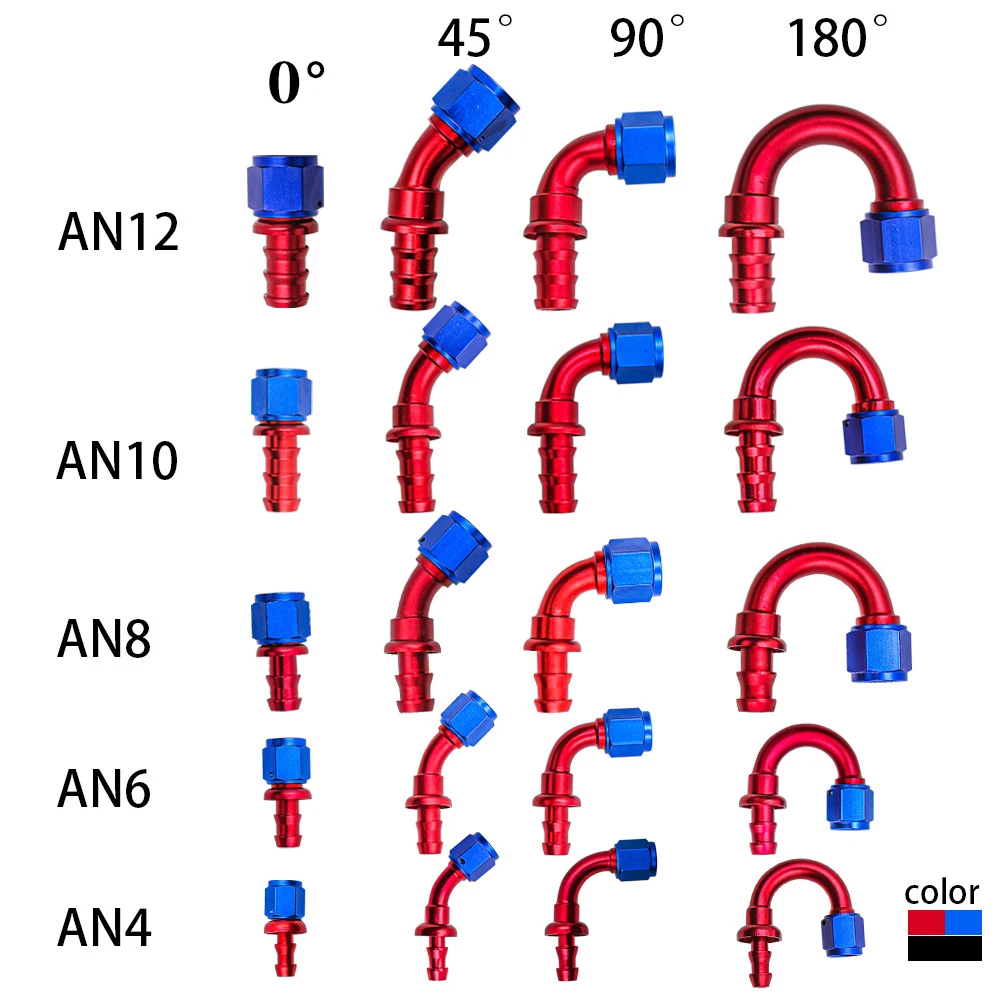 0°/45°/90°/180° AN4AN6AN8AN10AN12AN16AN20 Female Swivel to Push Lock Barb Hose End Fitting Oil Fuel Hose End Adaptor Kit