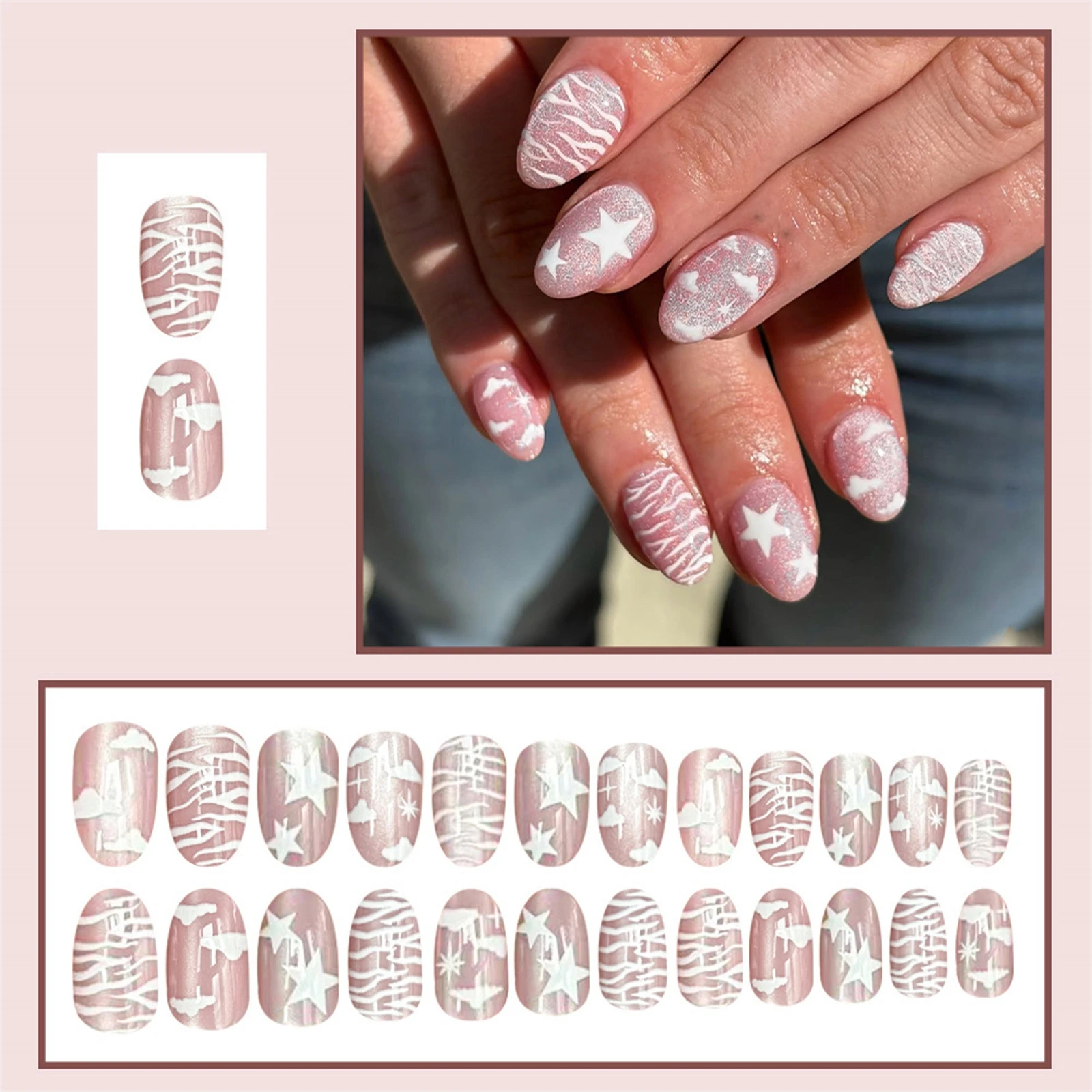 24pcs Shiny Nude Pink Fake Nail Tips White Stars Cloud Pinto-printed Designs Press On Nails Sweet Girls Short Almond False Nail