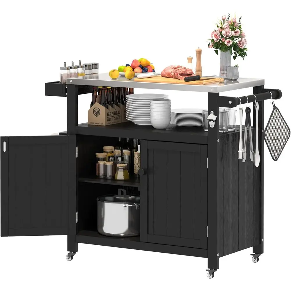 

Outdoor Kitchen Island with Stainless Steel Top, Storage Cabinet, Movable Prep Table, and Wheels for BBQ and Parties, Black