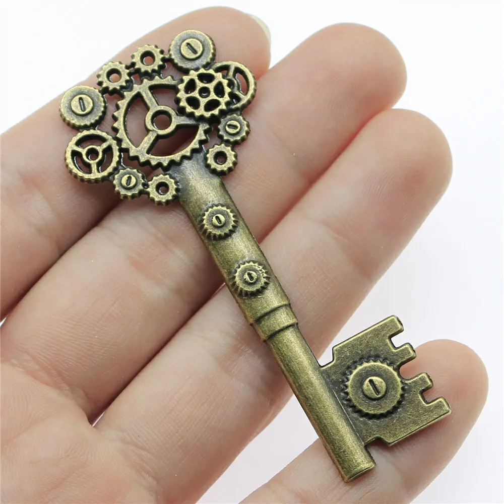 WYSIWYG 2pcs 32x72mm Vintage Charms Hollow Steampunk Gear Key Pendant 2 Colors Fit Bracelets DIY Metal Jewelry Making