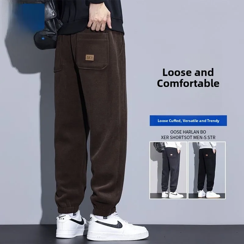 

Men's Loose Knitted Fce Lined Cuffed Casual Pants Autumn Winter Sle Comfortable Polyester Fiber Warm Trendy Trousers