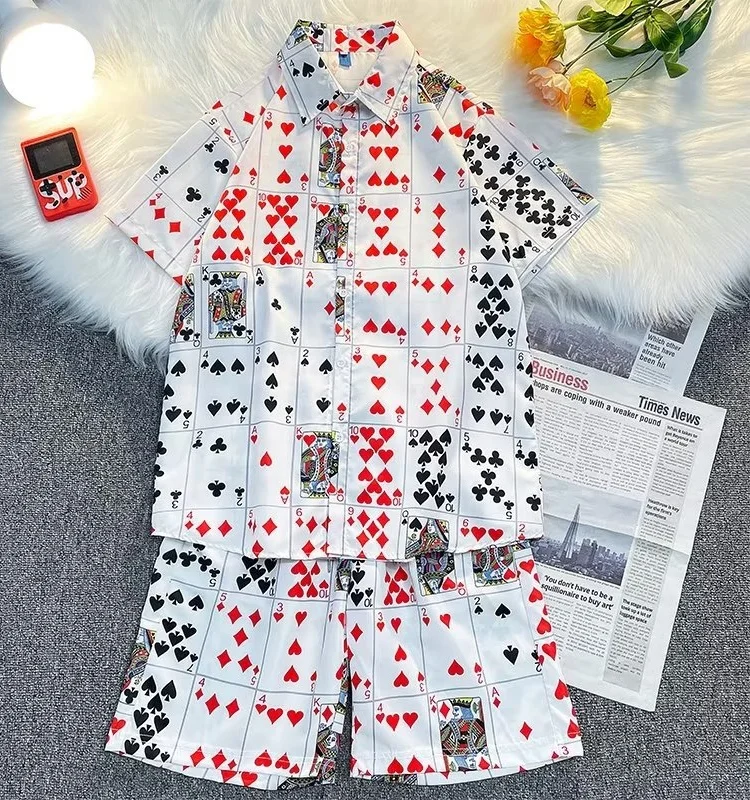 夏ヴィンテージプリント半袖シャツメンズレディースポーカー戦争制服カジュアルスポーツスーツセットティーンエイジャーファッション衣類