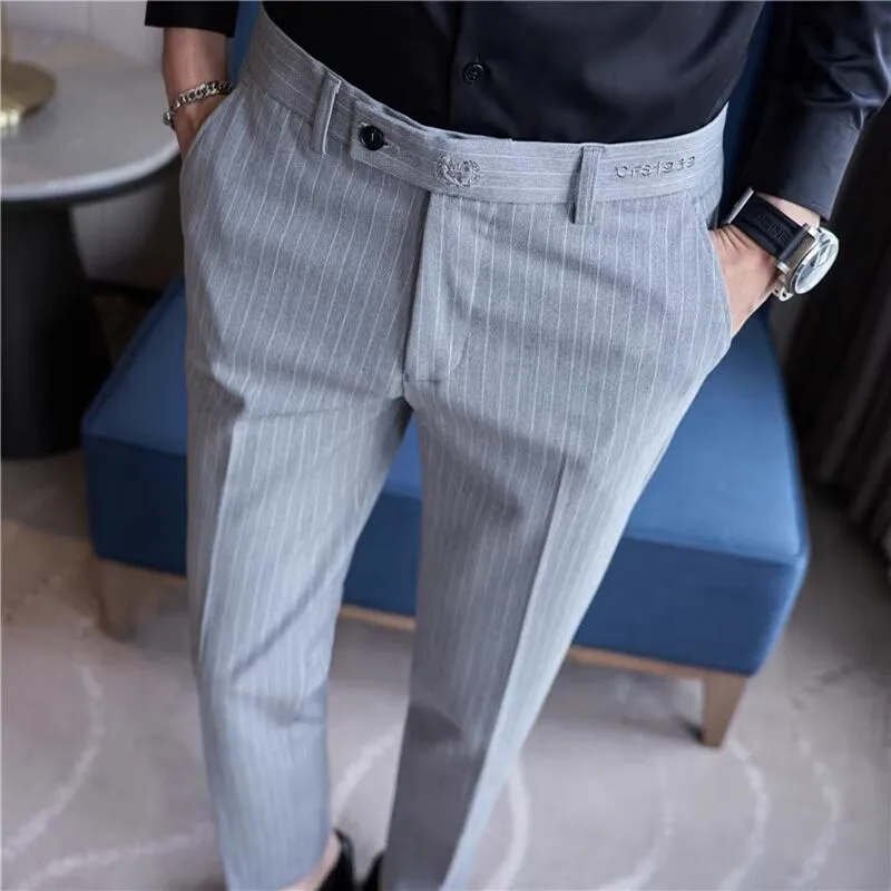 New Korean Style Fashion Striped Embroidery Suit Pants Men's Business Slim Casual Straight Pants Formal Wedding Party Trousers
