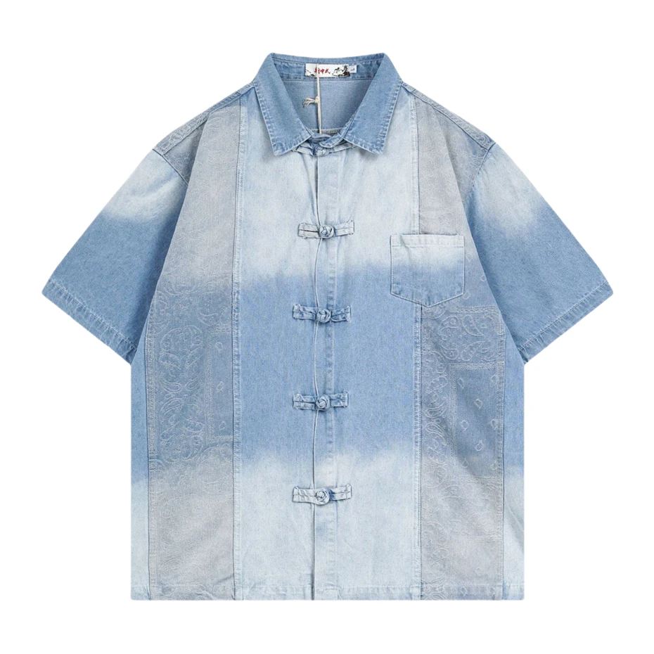 

Mens Gradient Denim Shirt Streetwear Vintage Splicing Paisley Embroidery Blouse Men Oversized Harajuku Casual Short Sleeve Shirt