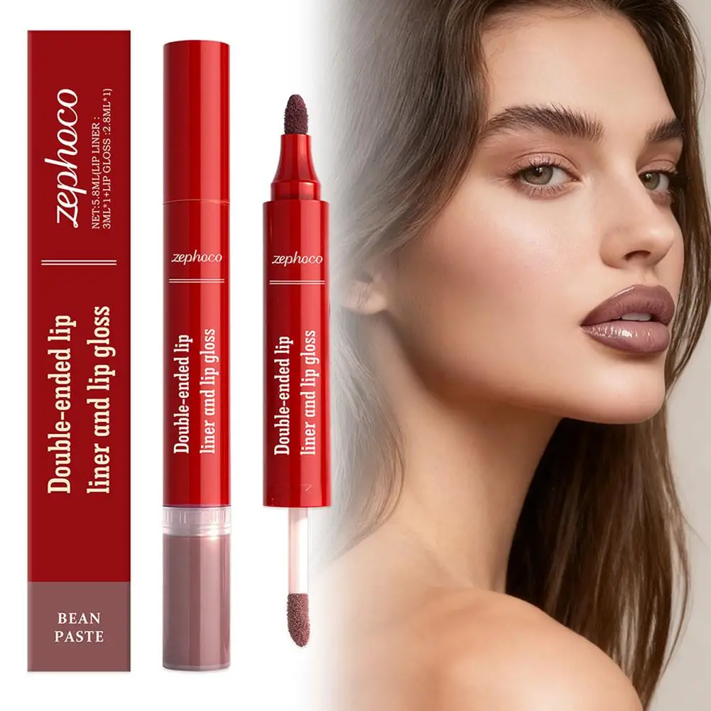 Penna per labbra opaca a doppia testa a 3 colori Specchio rimpolpante Lucidalabbra 2 in 1 Olio per labbra Durata Labbra marroni nude Matita per contorno Trucco