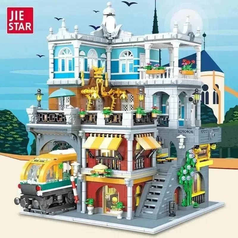 Burger-Shop-Restaurant LED Modulare Gebäude-Bausätze Stadtansicht-Haus Kantine Apartment Laden Architektur Montage-Baustein-Modellbausatz Jungen Spielzeug Erwachsene Kinder Geschenk 3289 Teile