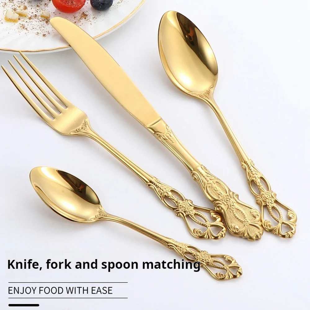 24pcs Royal Stainless Steel Cutlery Set Gold Dinnerware Spoon Forks Knives Kitchen Western Dinner Silverware Tableware Gift