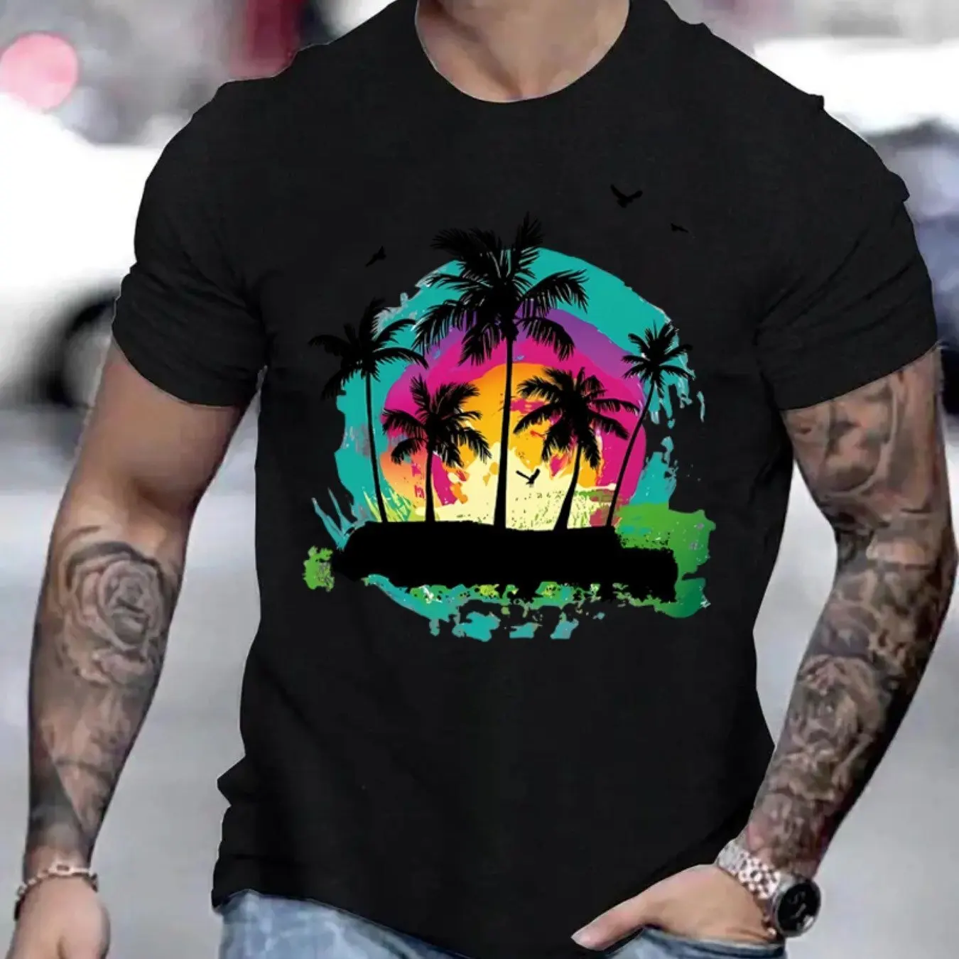 

Tropical Pattern Printed T-shirt, Men's T-shirt, Summer Casual Short Sleeved T-s