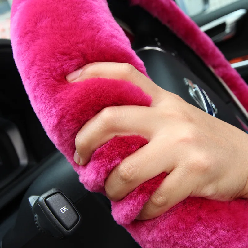 Car Steering Wheel Cover Gearshift Handbrake Cover Protector Decoration Warm Super Thick Plush Collar Soft Black Pink Decoration